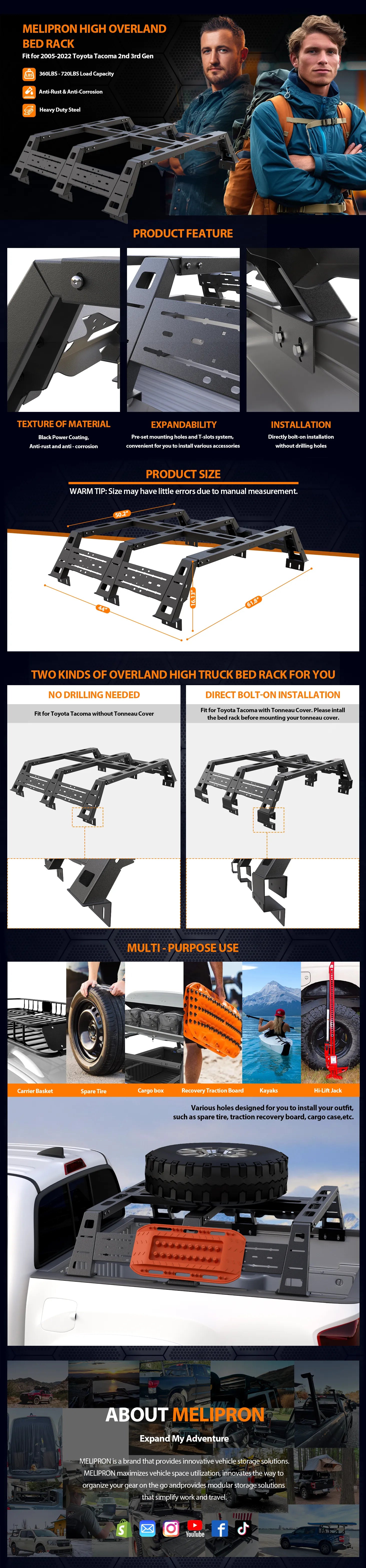 MELIPRON Overland Truck Bed Rack Tent Rack Fit for Toyota Tacoma 2005-2022 2nd 3rd Gen w/Tonneau Cover