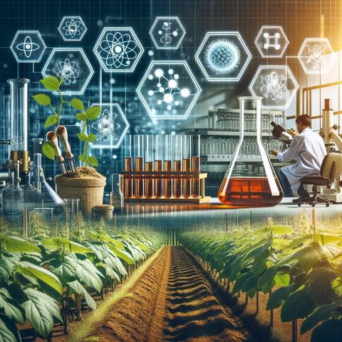 Un'immagine che mostra un laboratorio in cui vengono studiati gli oli essenziali, combinata con immagini di piante coltivate in modo sostenibile, potrebbe focalizzarsi sulla scienza e la sostenibilità.