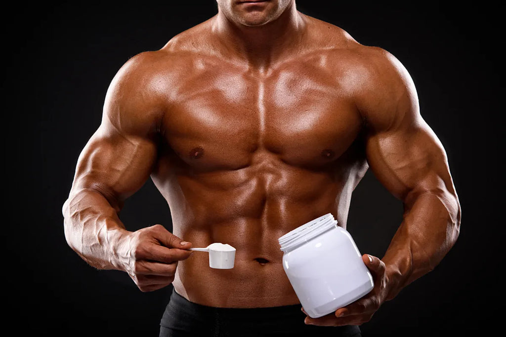 strong men with whey protein on hand