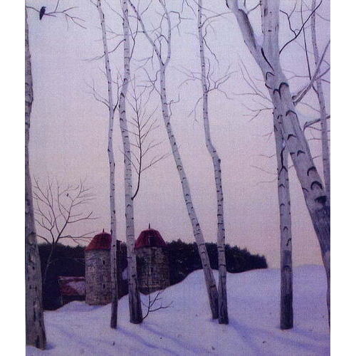「冬日の午後（白樺とサイロ）」 '05.07 水彩 43.7×37.2cm