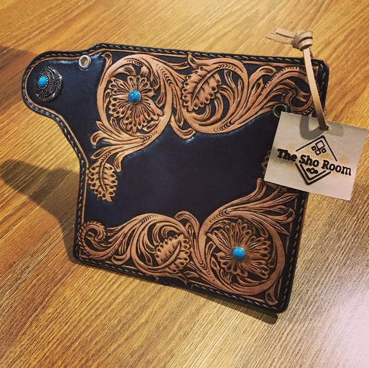  Men's 3D Genuine Leather Wallet, Long wallet, Biker wallet, Hand -Carved, Hand-Painted, Leather Carving, Custom wallet, Personalized wallet,  Sheridan Wallet, Flowers : Handmade Products