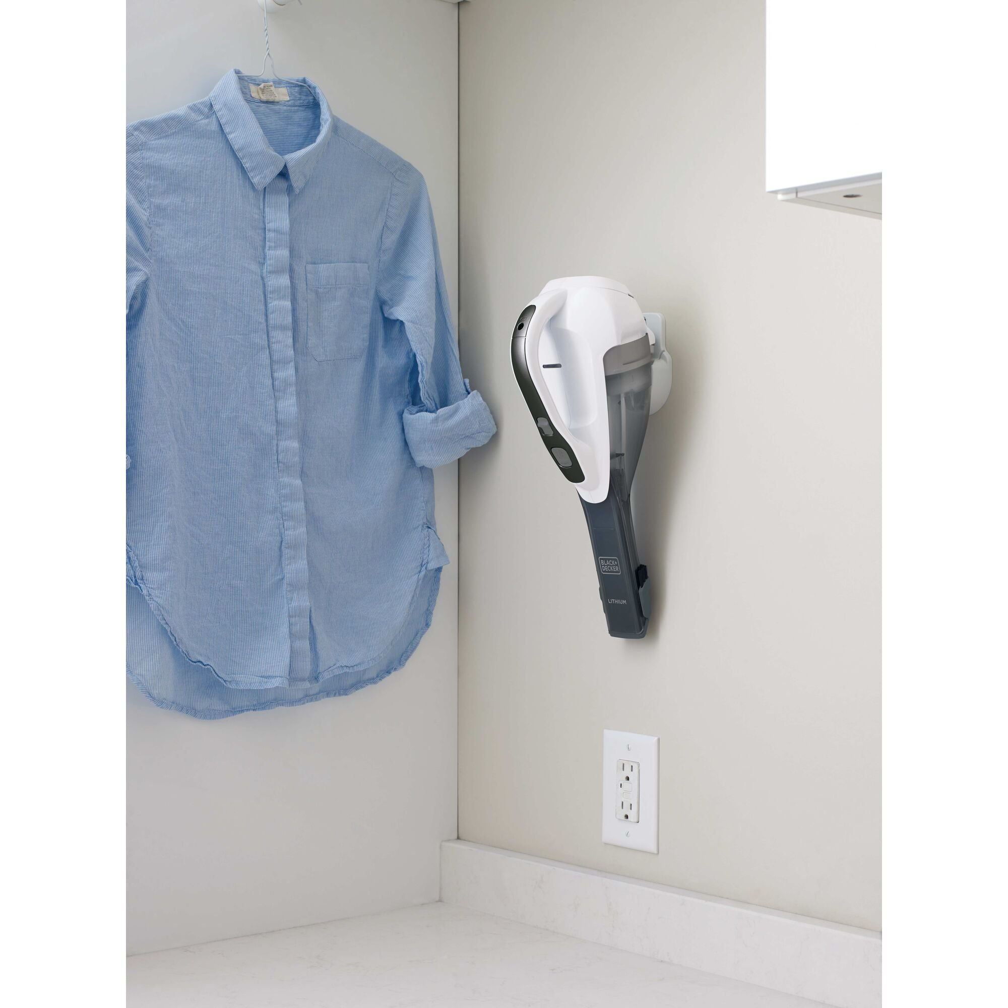 Wall attachable feature of a dustbuster advanced clean cordless hand vacuum.