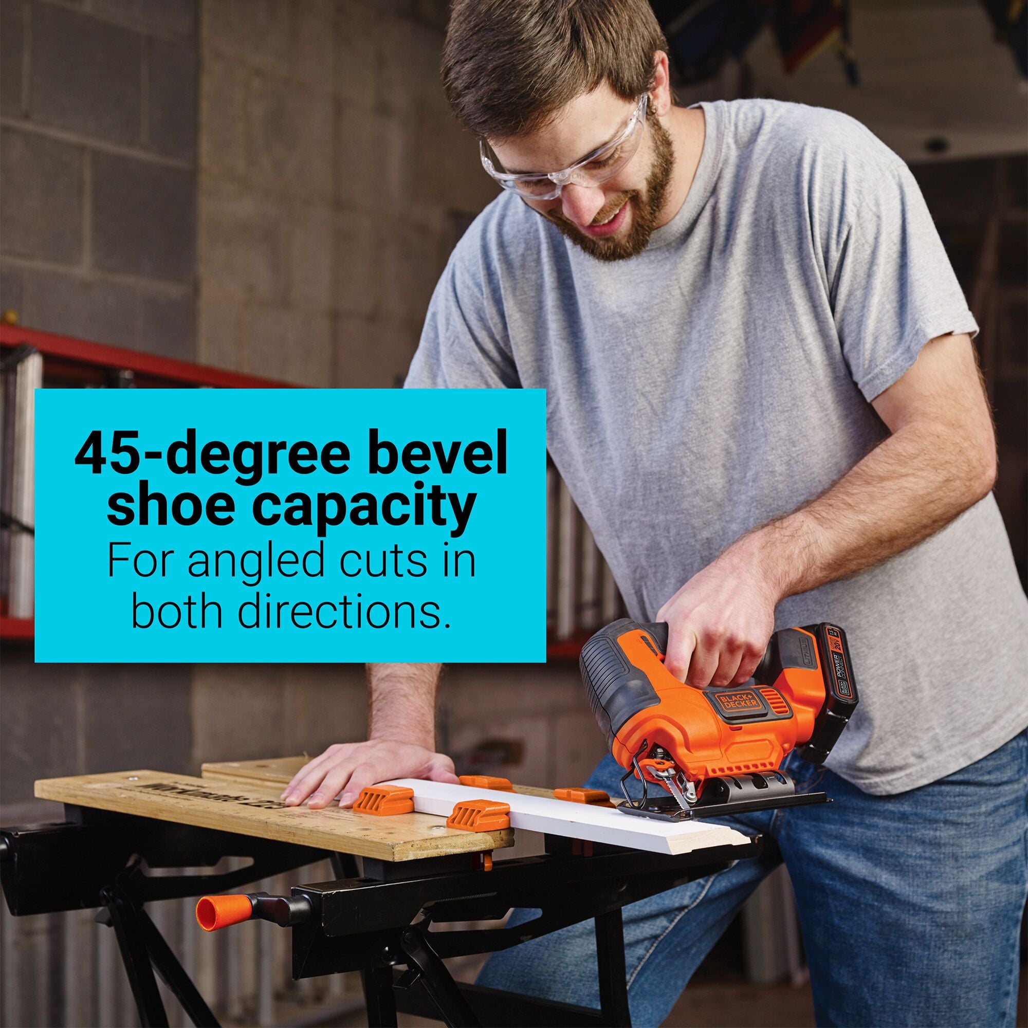 A person makes an angled cut with the BLACK+DECKER POWERCONNECT™ 20V MAX* Cordless Jig Saw (Tool Only). 45-degree bevel shoe capacity for angled cuts in both directions.