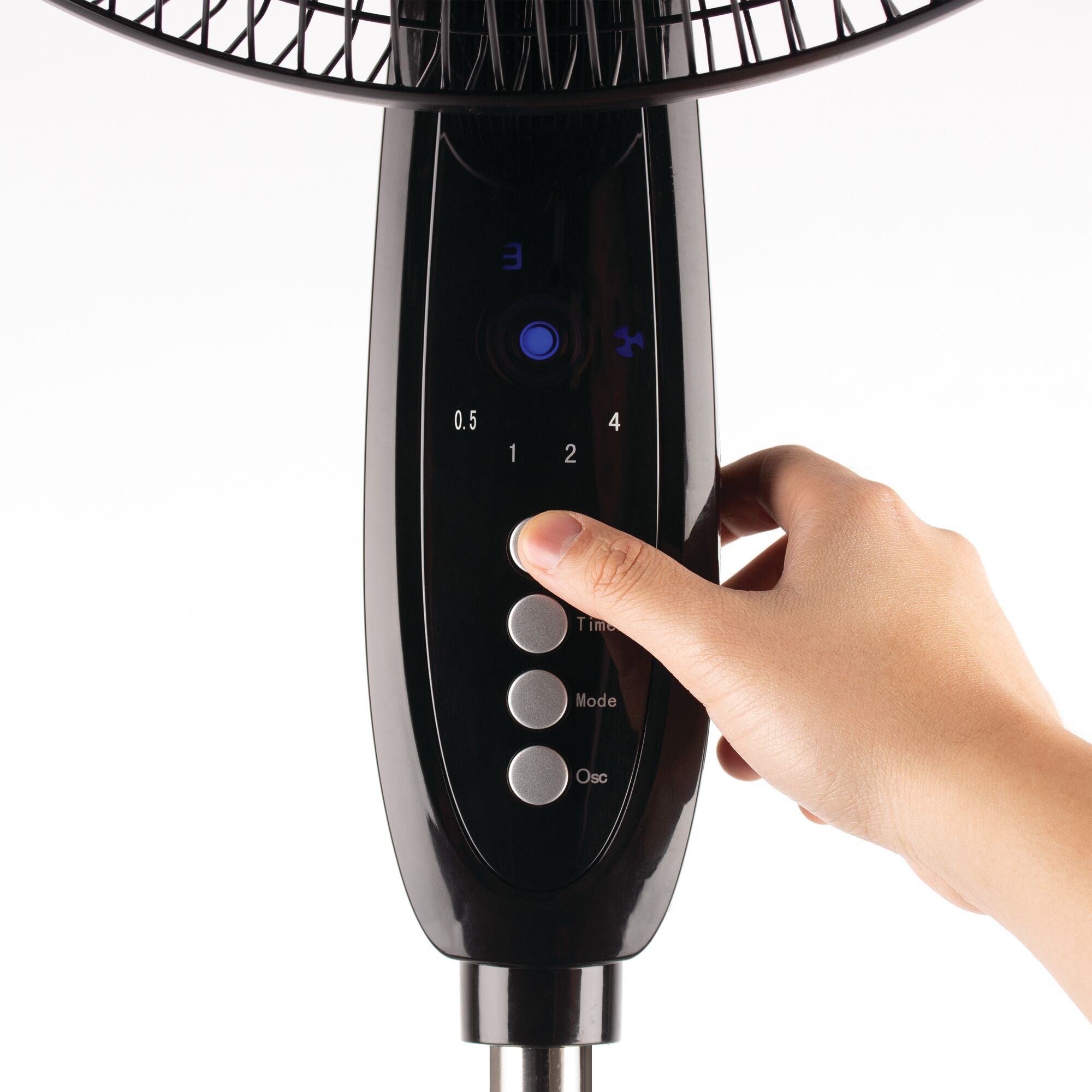 3 modes feature of Dual blade stand fan with remote in black.