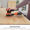 Side facing view of BLACK+DECKER Random Orbit Sander, 5-Inch, 2.4-Amp for wood application