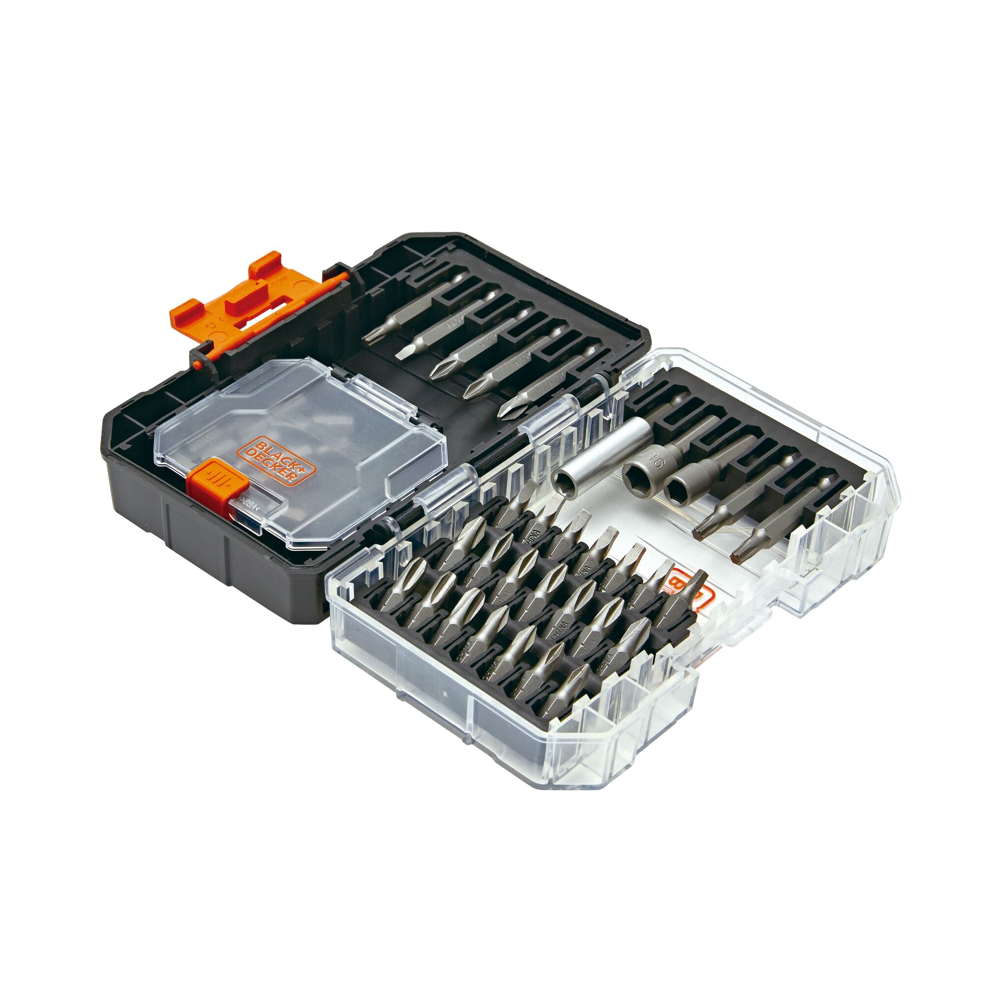 Close up of BLACK+DECKER 40 piece screwdriver set, showing open and closed compartments