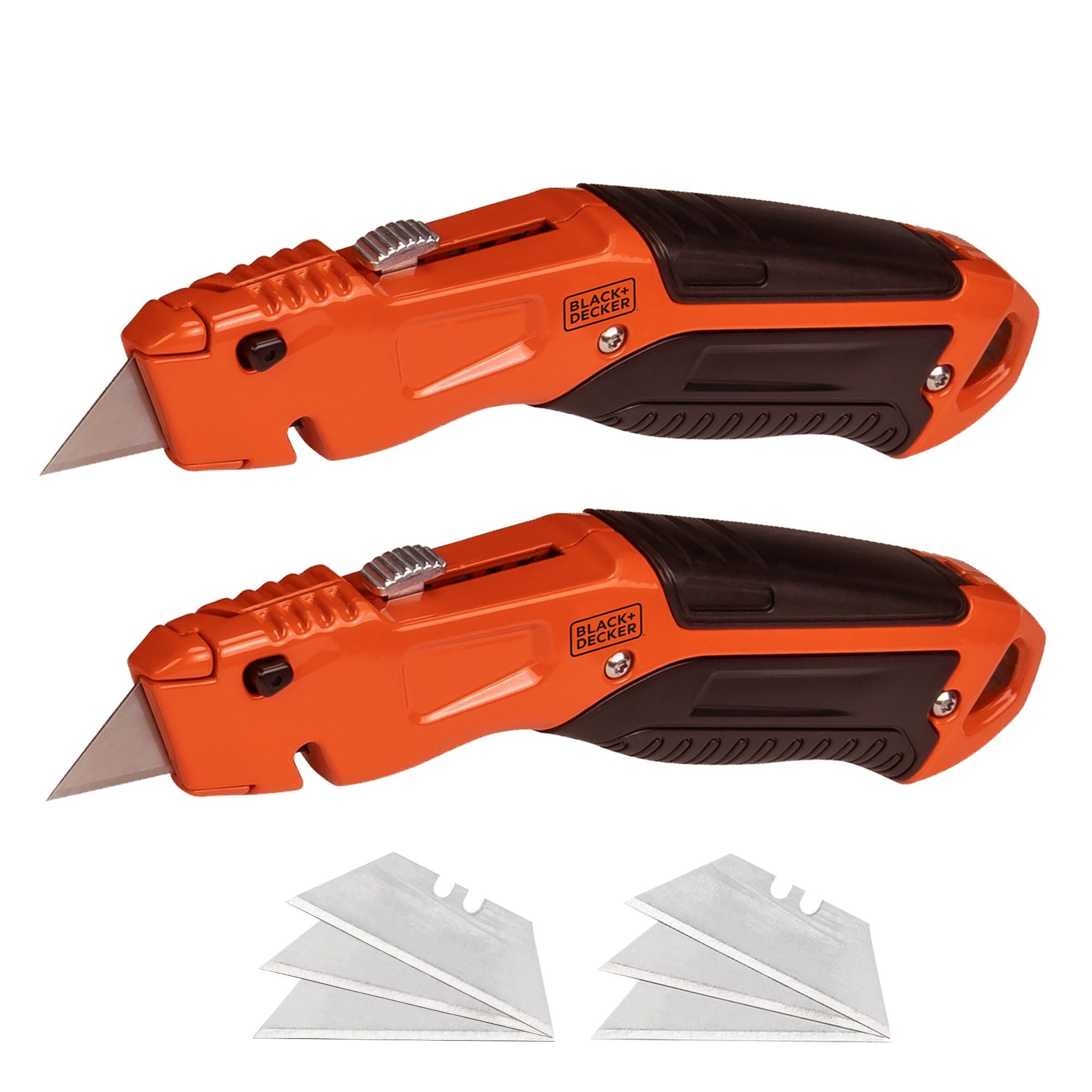 View of BLACK+DECKER Retractable Utility Knife with blades on white background
