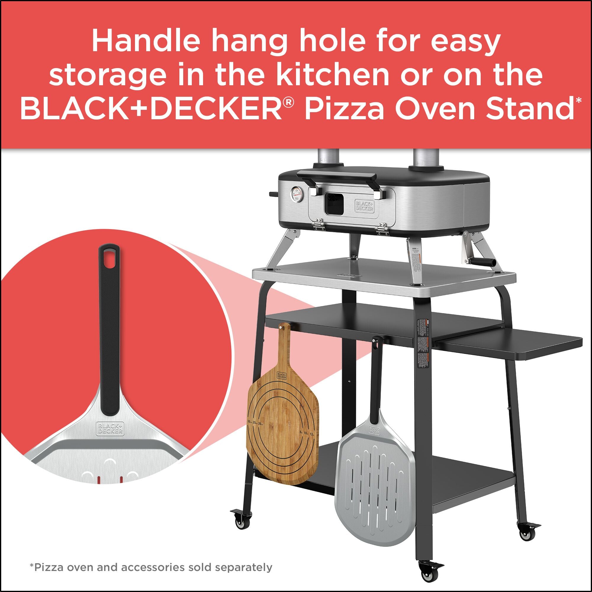 Handle hang hole for easy storage on the BLACK+DECKER pizza oven stand