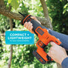 A person cuts a branch with the BLACK+DECKER 20V MAX* Cordless Reciprocating Saw Kit. Compact and lightweight for easy maneuverability.