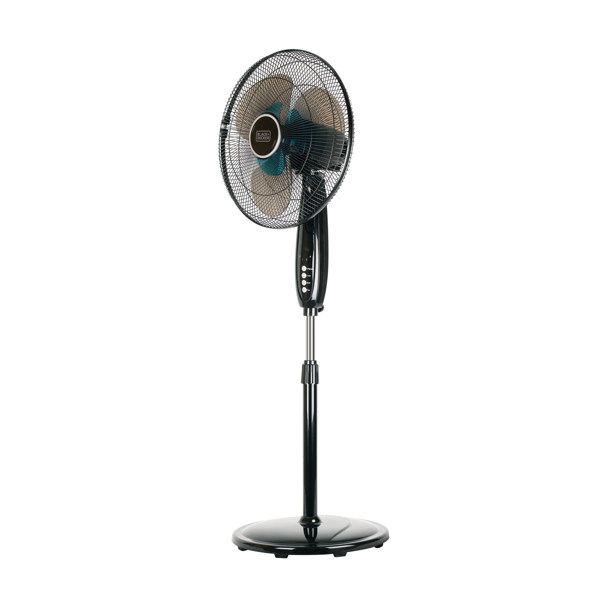 Dual blade stand fan with remote in black showing 3 speed setting.
