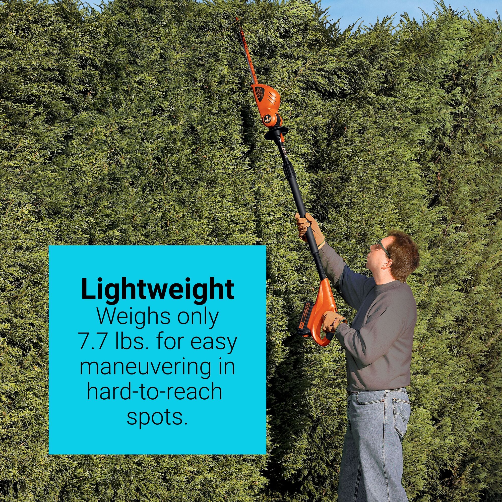 20 Volt Lithium Pole Hedge Trimmer Battery and Charger Not Included being used by a person on hedge\.