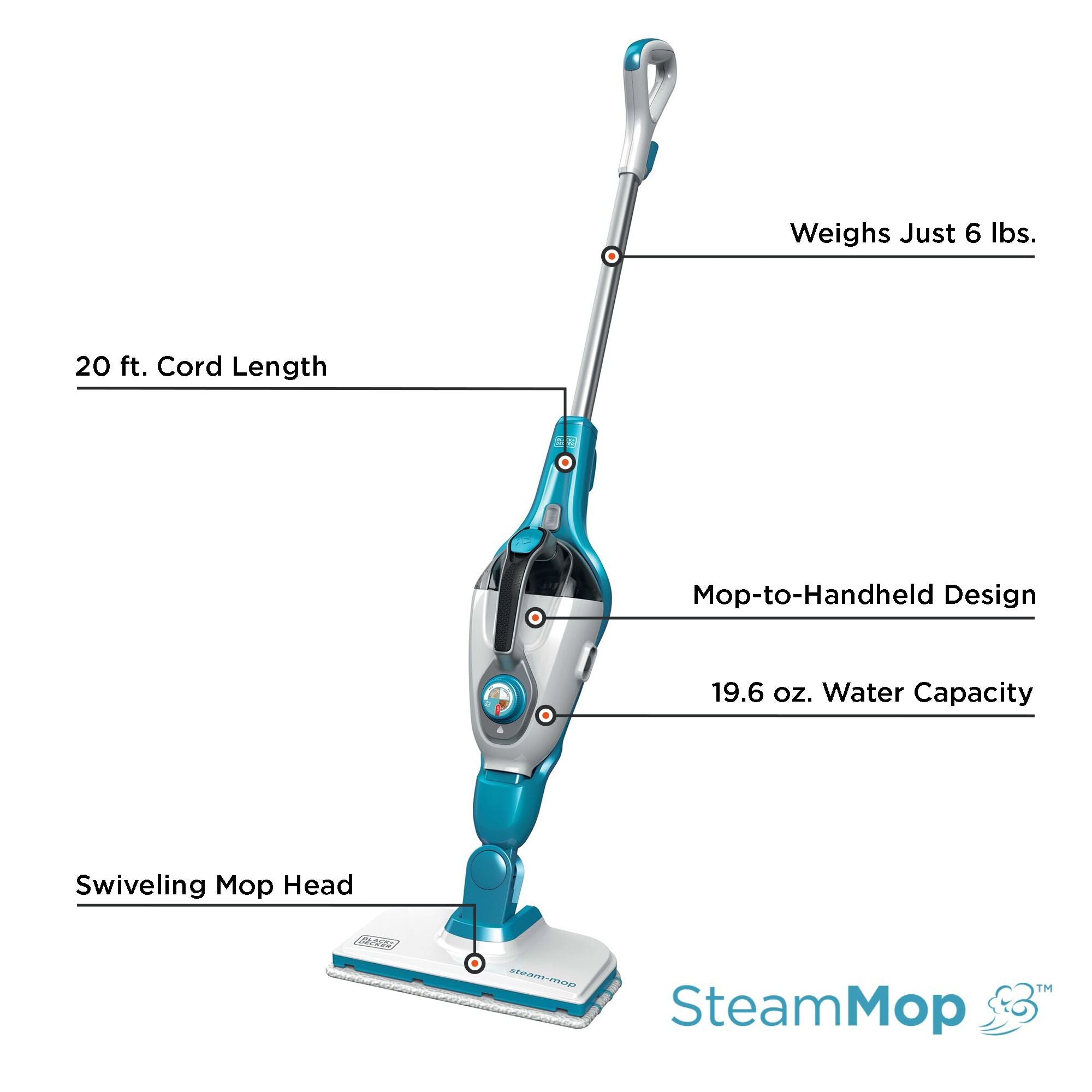An overview of the BLACK+DECKER SteamMop™ 2-in-1 Corded Portable Steamer.