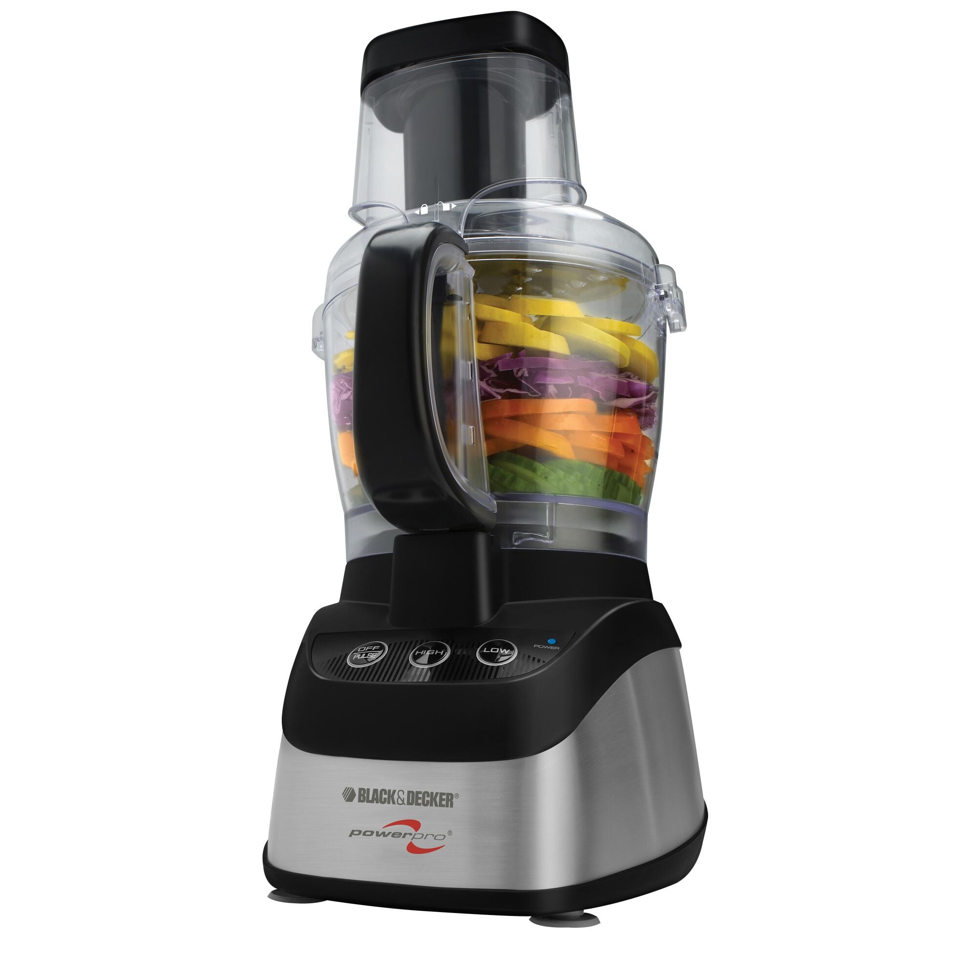 Profile of Power Pro 2 in 1 Food Processor and Blender containing chopped vegetables.
