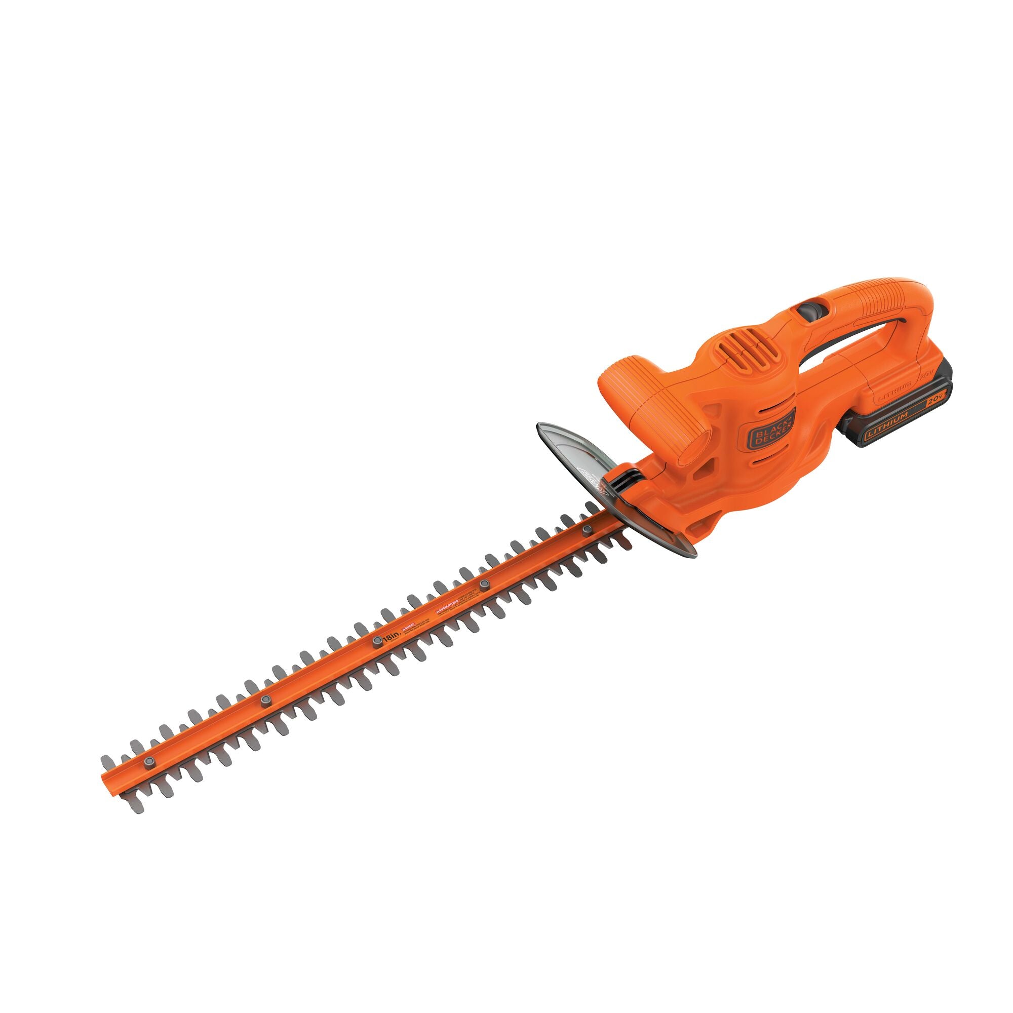 A person holds the BLACK+DECKER 20V MAX* Cordless Hedge Trimmer with both hands.
