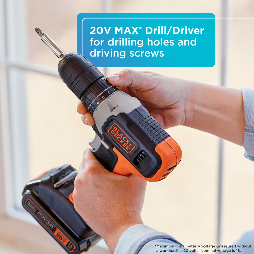 Includes 1 Drill/Driver, battery + charger, 20 1 in. screwdriving bits, 21 2 in. screwdriving bits, 10 nut drivers, 1 magnetic bit tip holder, 10 drill bits, 12 hex wrenches, 1 level, 1 tape measure, 1 utility knife, 1 hammer, 1 needle nosed pliers, 1 slip joint pliers, 1 adjustable wrench, 1 ratcheting screwdriver, 1 storage bag