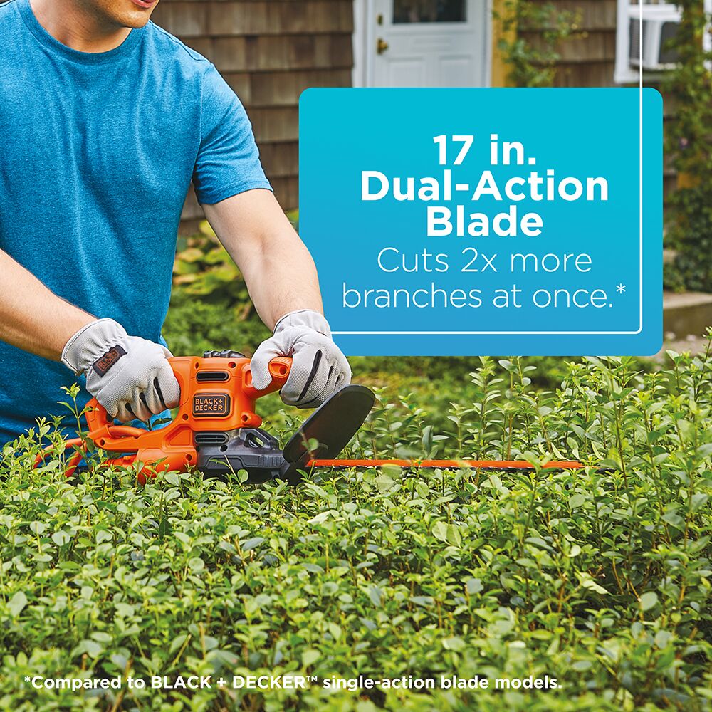 The BLACK+DECKER 17-in. Electric Hedge Trimmer features a 5/8-in. cutting capacity that quickly and easily cuts branches up to 5/8-in.