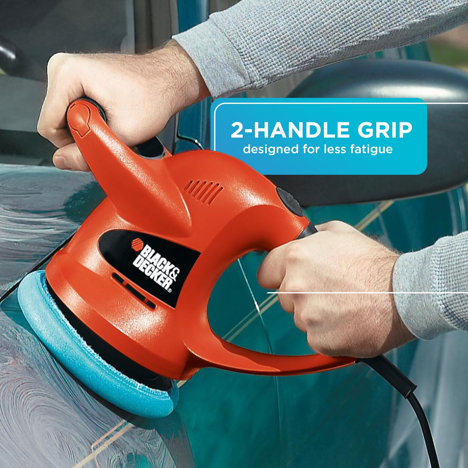 A person buffs a car with the BLACK+DECKER 6-in. Variable Speed Polisher. 2-handle grip designed for less fatigue.