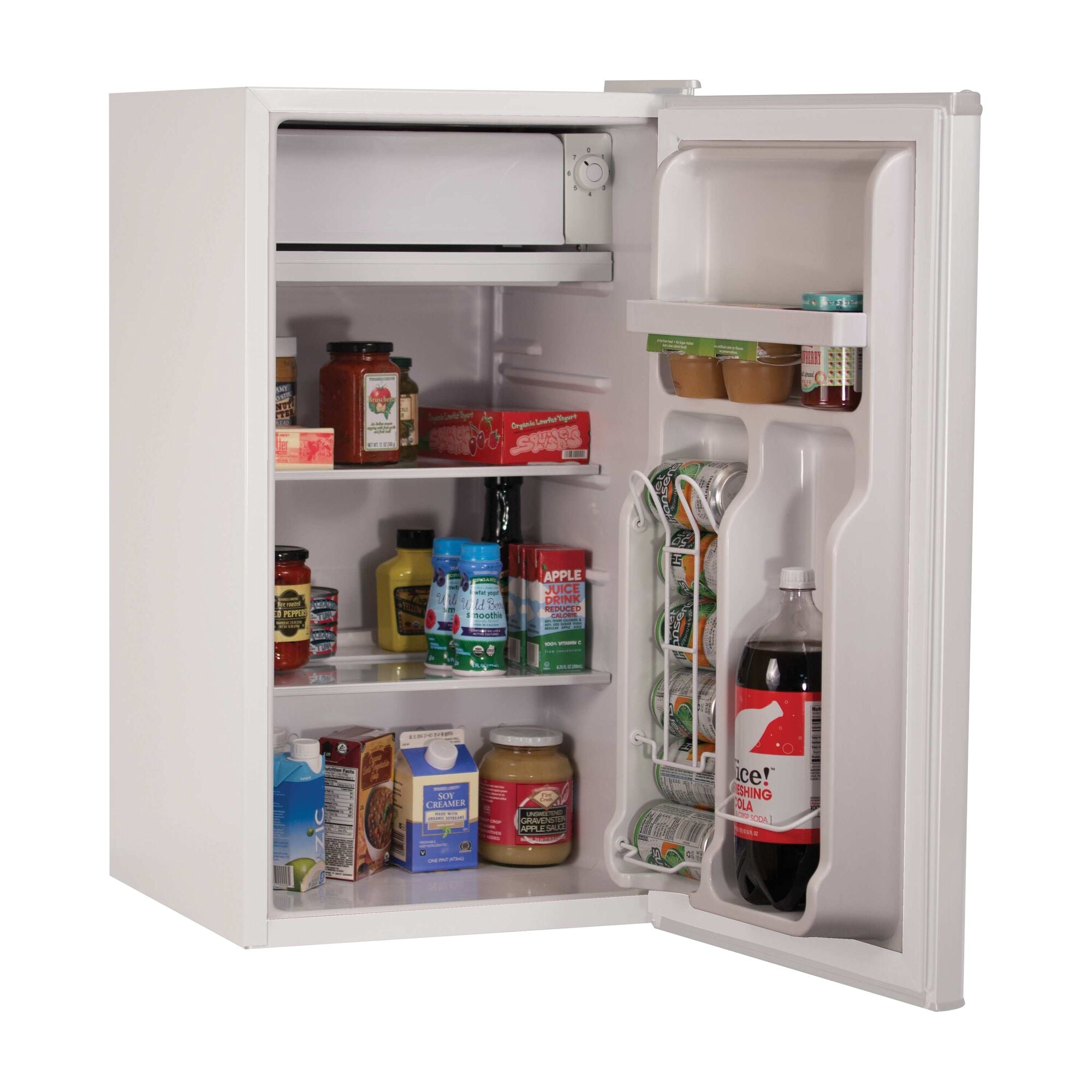 Profile of 3 and 2 tenths Cubic Foot Energy Star Refrigerator with Freezer having door opened.