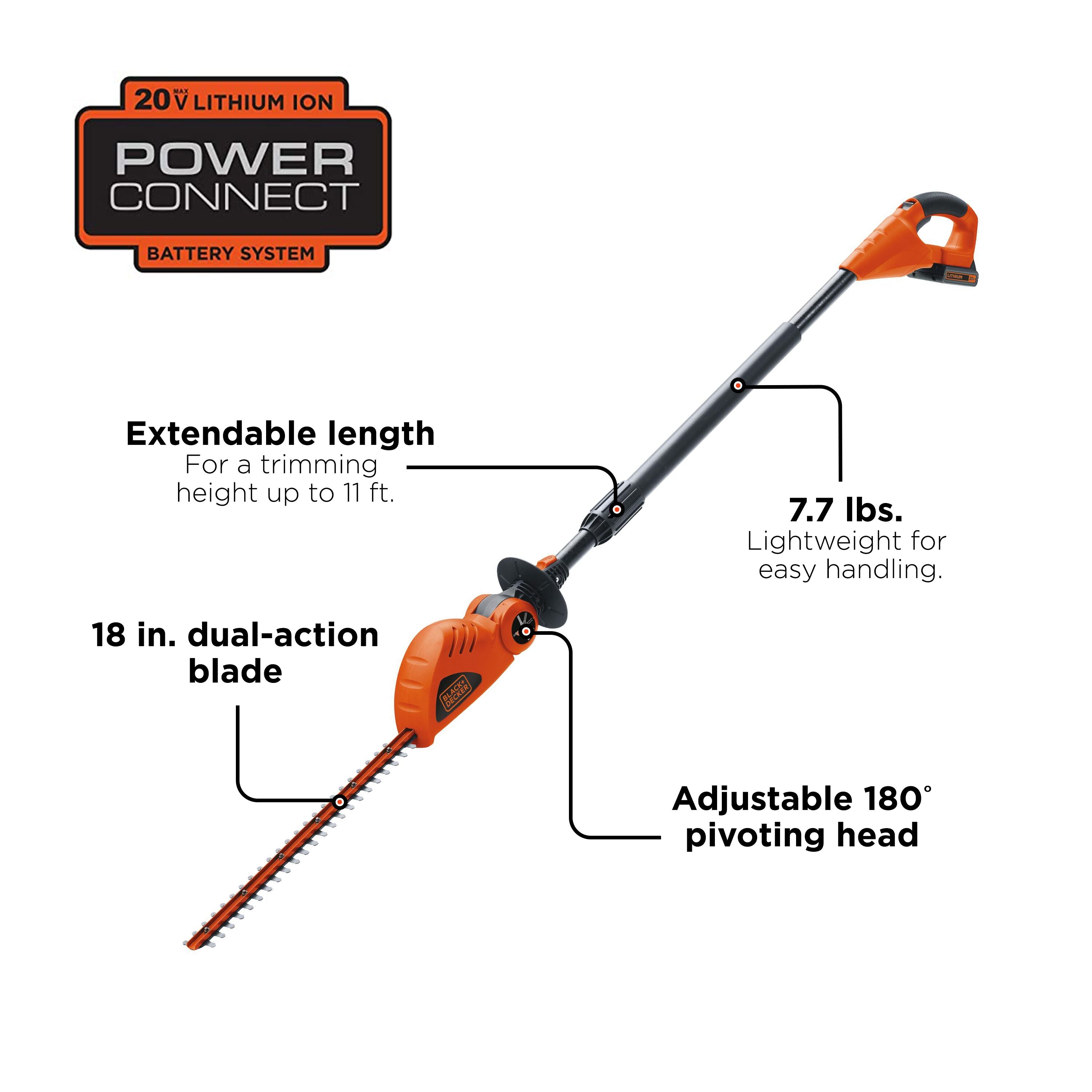 An overview of the BLACK+DECKER 20V MAX* 18-in. Cordless Pole Hedge Trimmer.