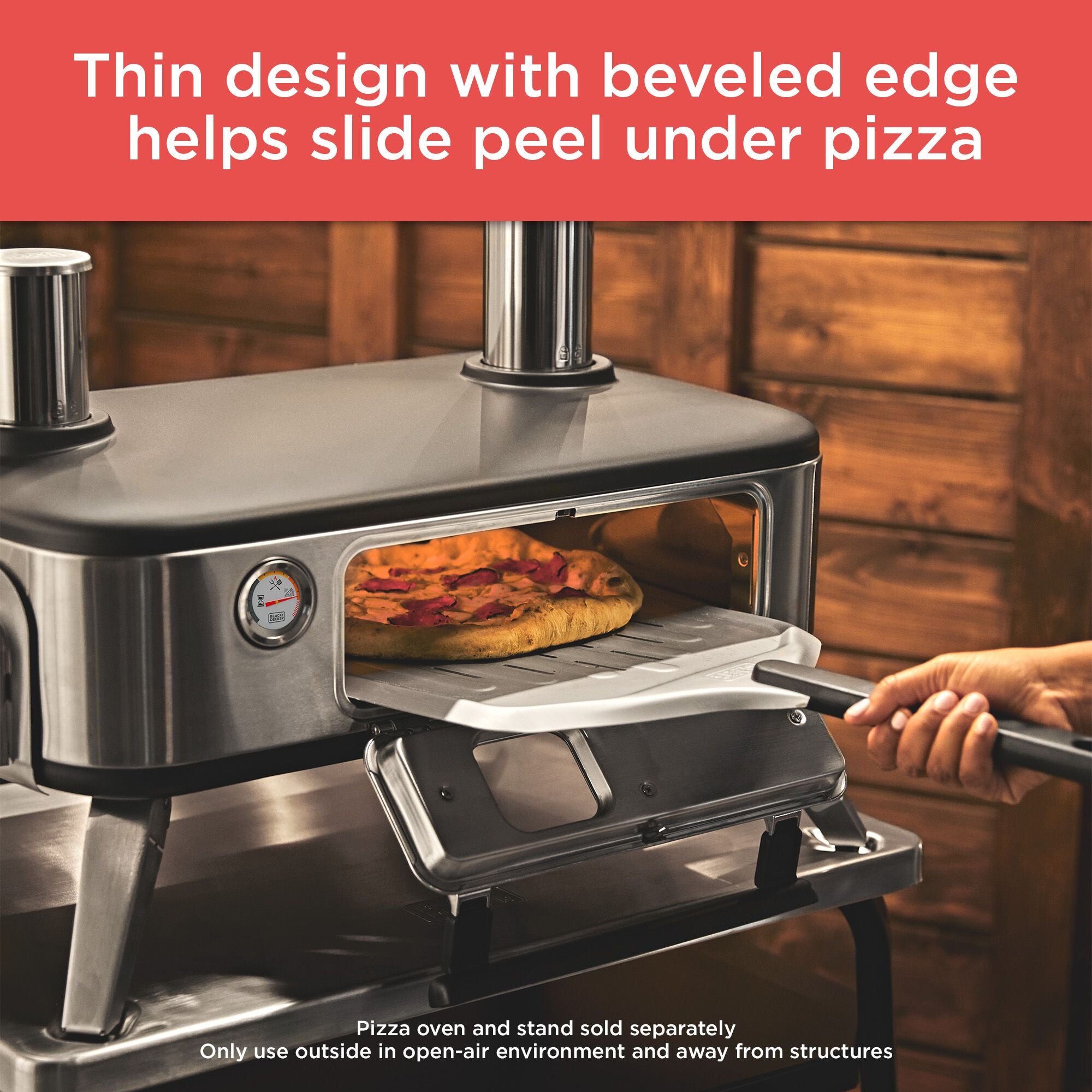 Thin design with bevele edge helps slide peel under pizza