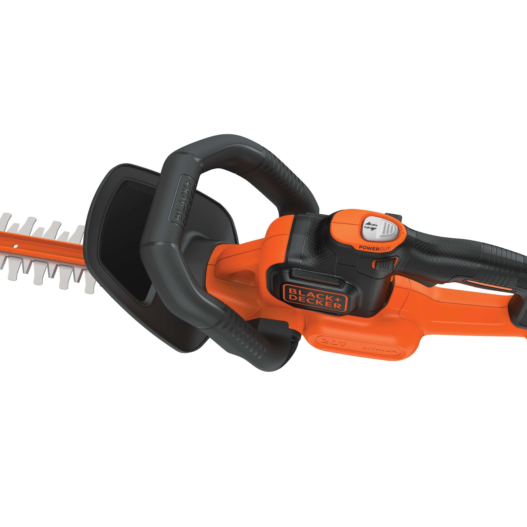 40 volt lithium 24 inch powercut hedge trimmer being used by a person.