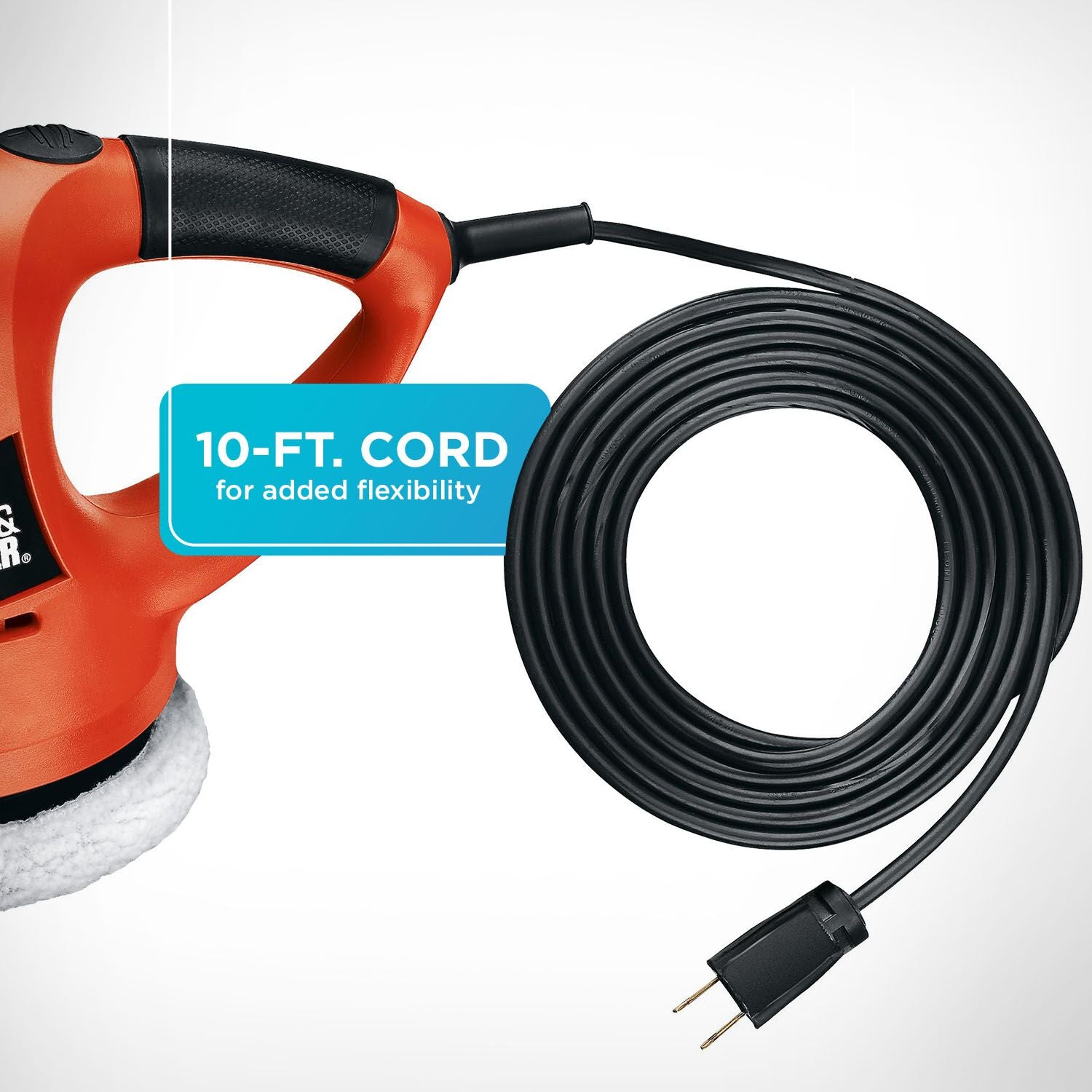A closeup of the BLACK+DECKER 6-in. Variable Speed Polisher. 10-ft. cord for added flexibility.