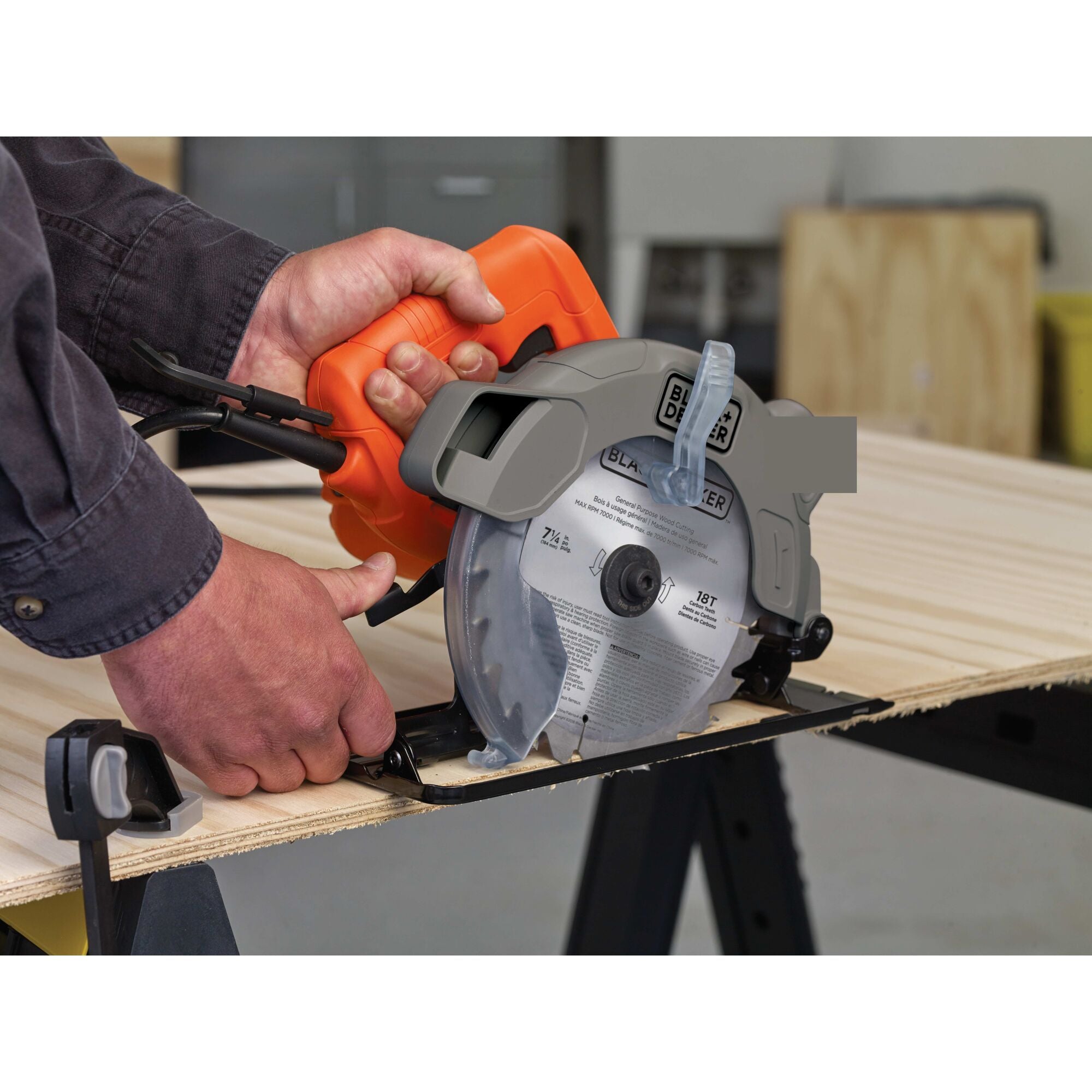 7-1/4-Inch Circular Saw with Laser, 13-Amp used by a person.
