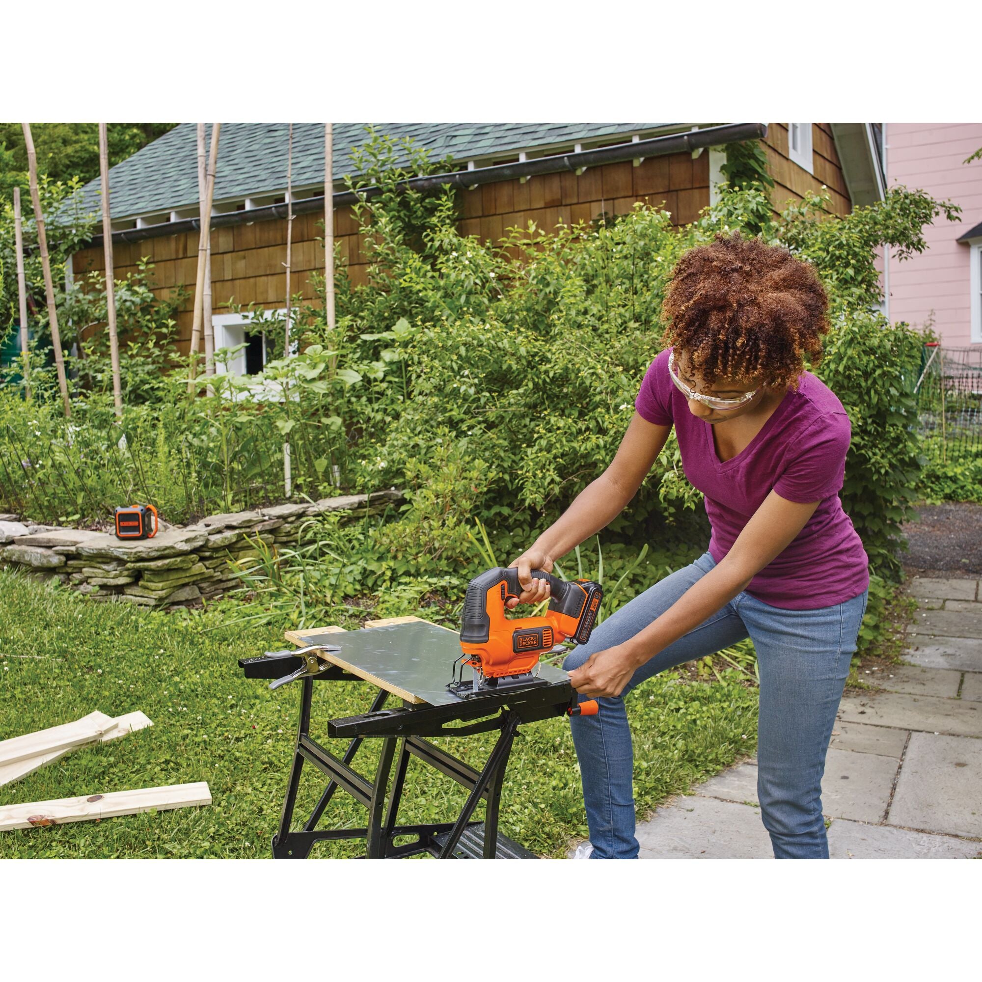 20 volt cordless jigsaw being used by a person.