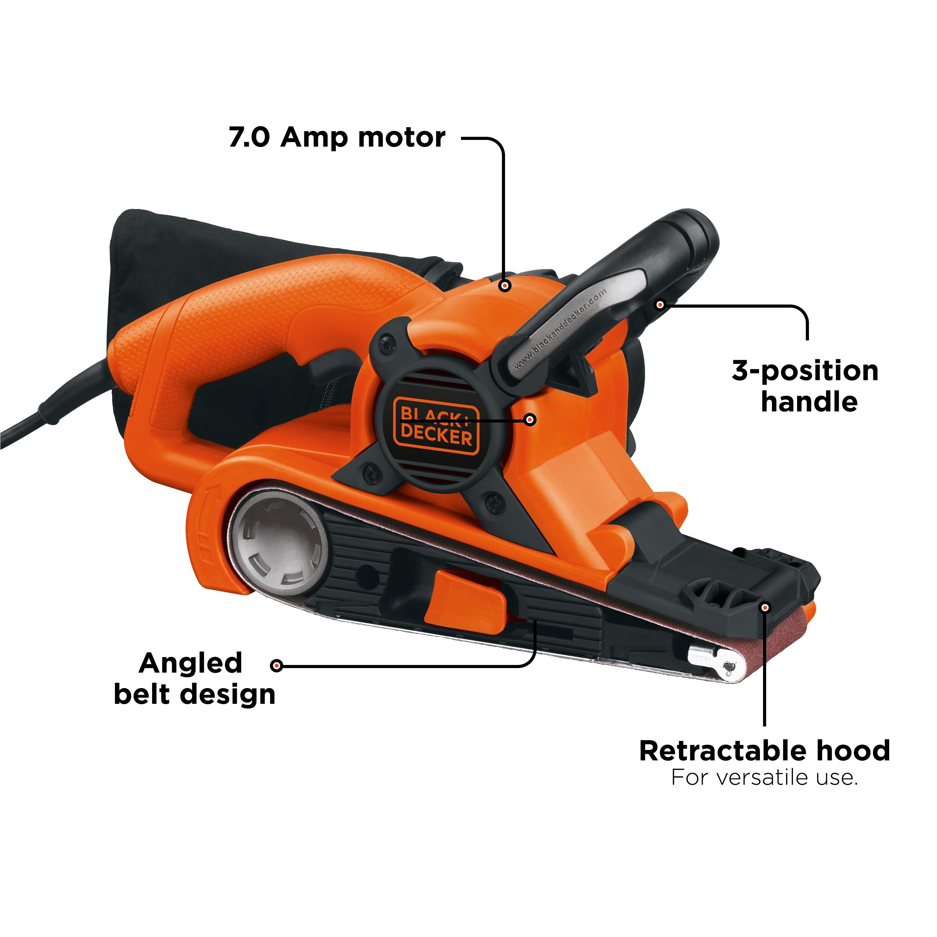 An overview of the BLACK+DECKER 3-in x 21-in., 7-Amp. Belt Sander With Dust Bag. 