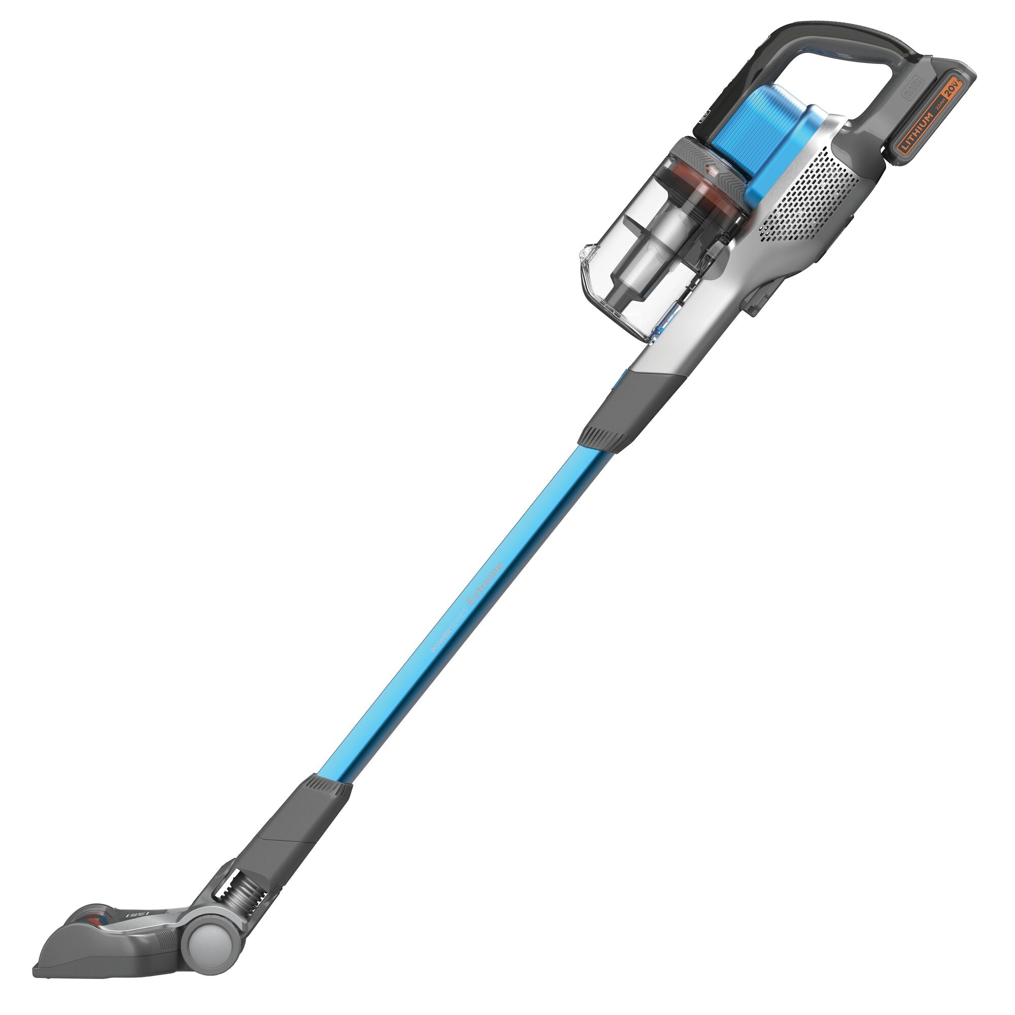 A person cleans the floor with the BLACK+DECKER POWERSERIES™ Extreme™ Cordless Stick Vacuum Cleaner. Multi-surface, multi-debris pick up.