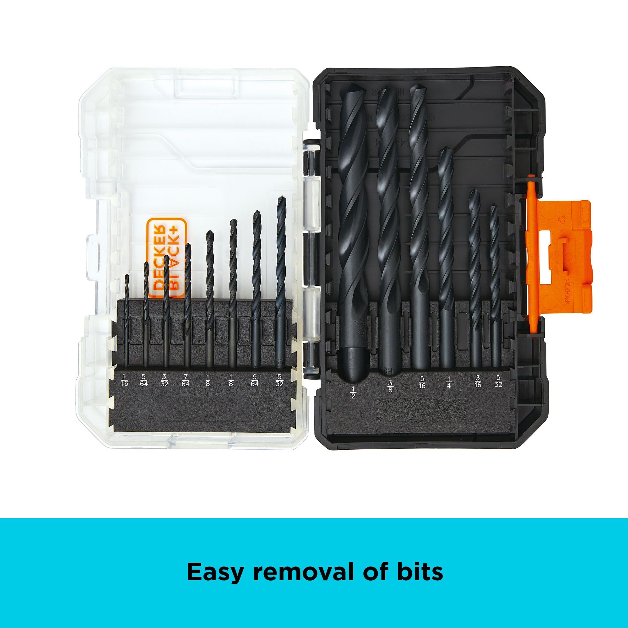 Easily remove bits in the BLACK+DECKER 14-piece drill bit set from bit-bar