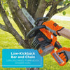 A person cuts a branch with the BLACK+DECKER 40V MAX* 12-in. Cordless Chainsaw. Low-kickback bar and chain lets you easily make quick, smooth cuts.
