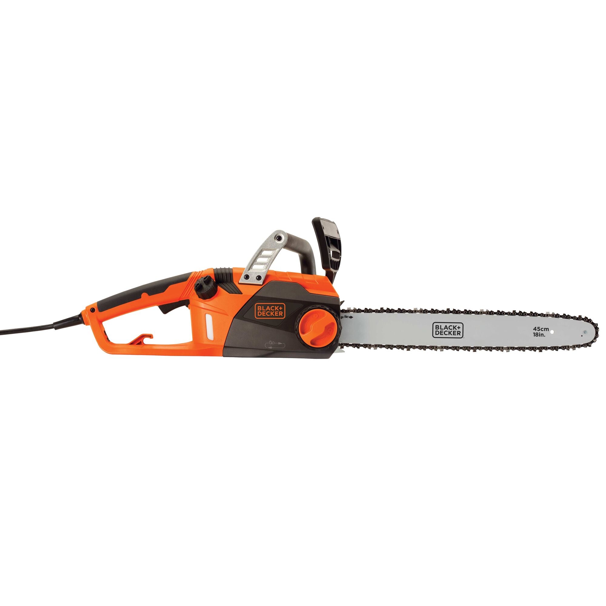 Profile of 15 amp 18 inch chainsaw.