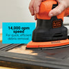 A person sands a door with the BLACK+DECKER MOUSE™ 1.2-Amp Electric Detail Sander. 14,000 opm speed for quick, efficient debris removal.