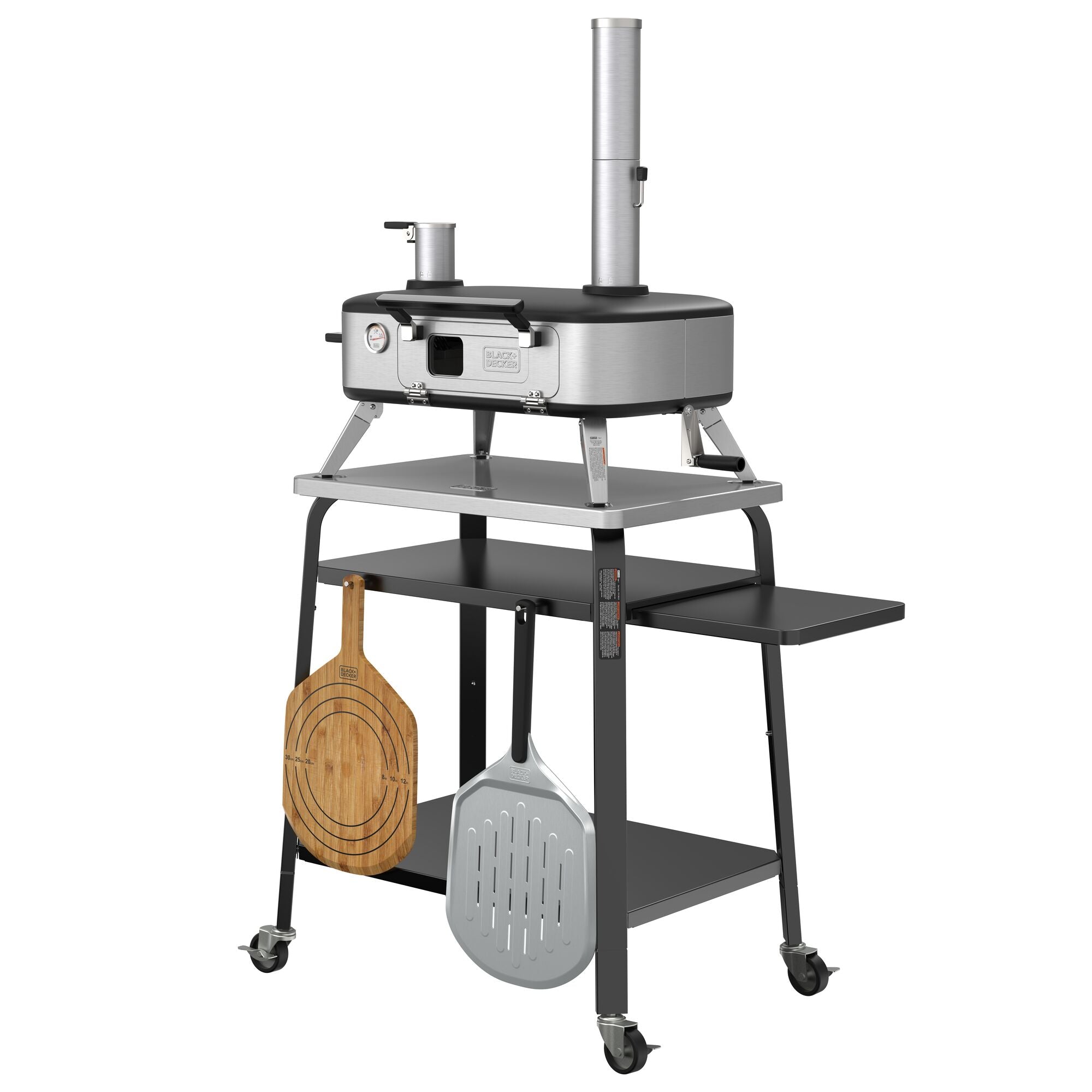 Vera ™ Pizza Oven sitting on the BLACK+DECKER pizza stand at an angle