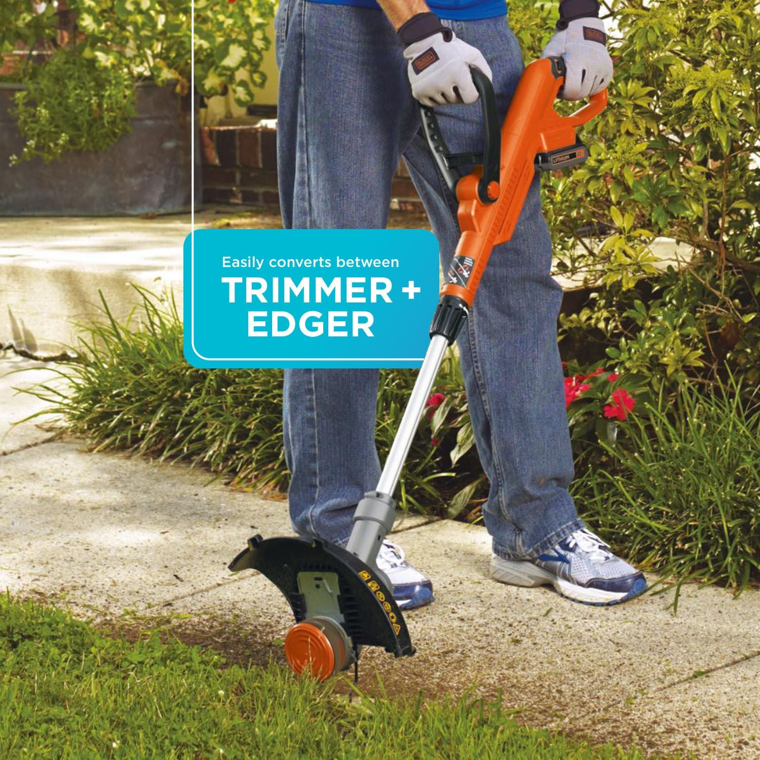 A man trims the edge of his yard with the BLACK+DECKER 20V MAX* Lithium 12-inch Trimmer/Edger. Boost power or extend runtime.