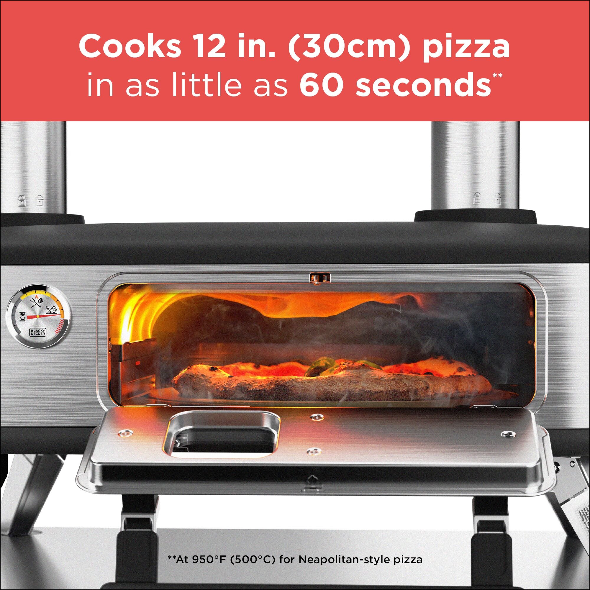 Cooks a 12 in. pizza in as little as 60 seconds