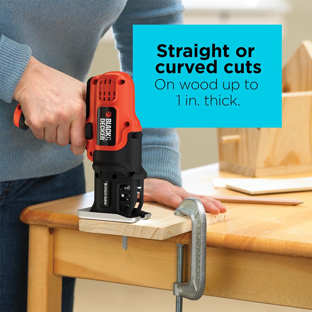 A person cuts  wood with the BLACK+DECKER Cordless Compact Jig Saw. Straight or curved cuts on wood up to 1-in. thick.