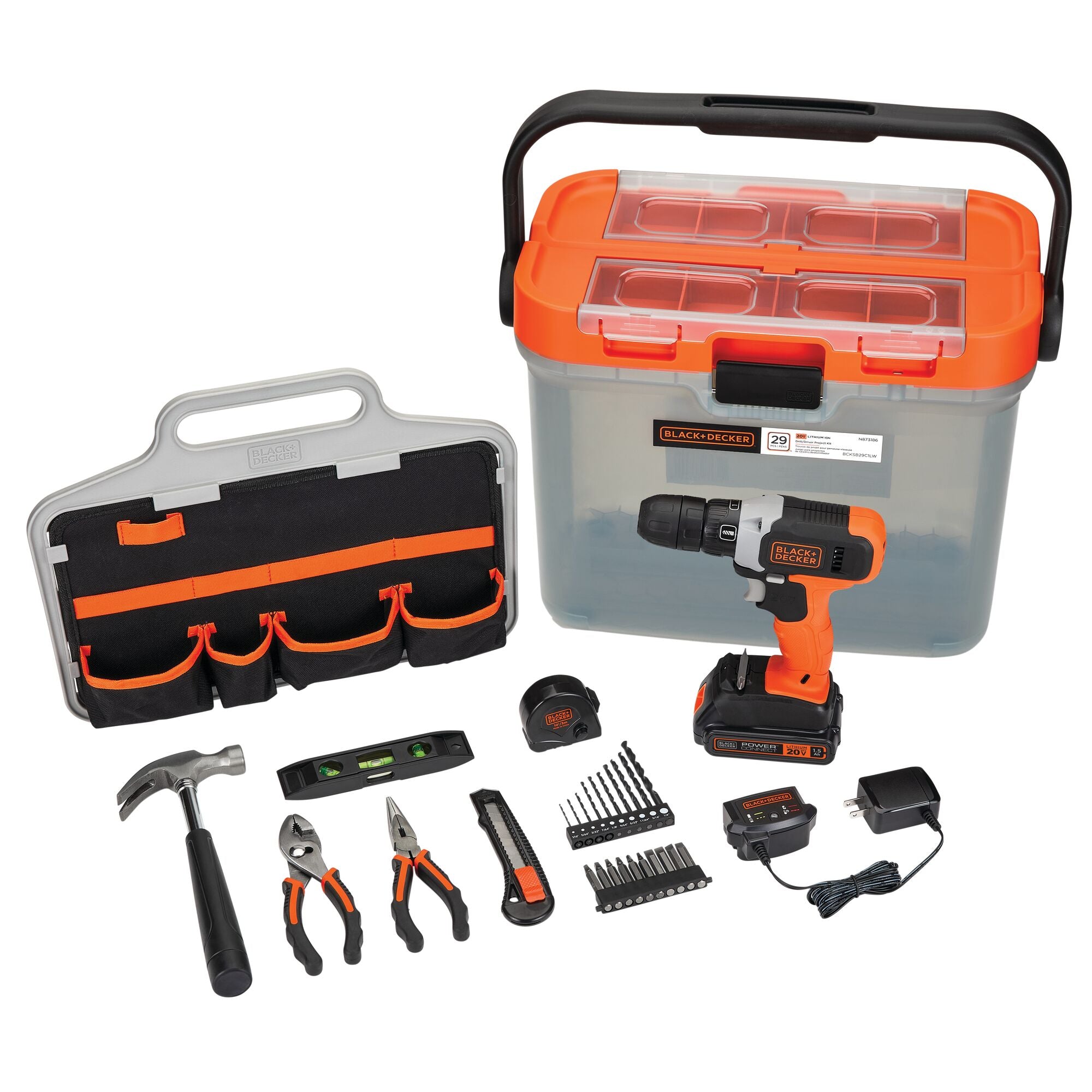 Cordless drill with 28 piece home project kit in translucent tool box.