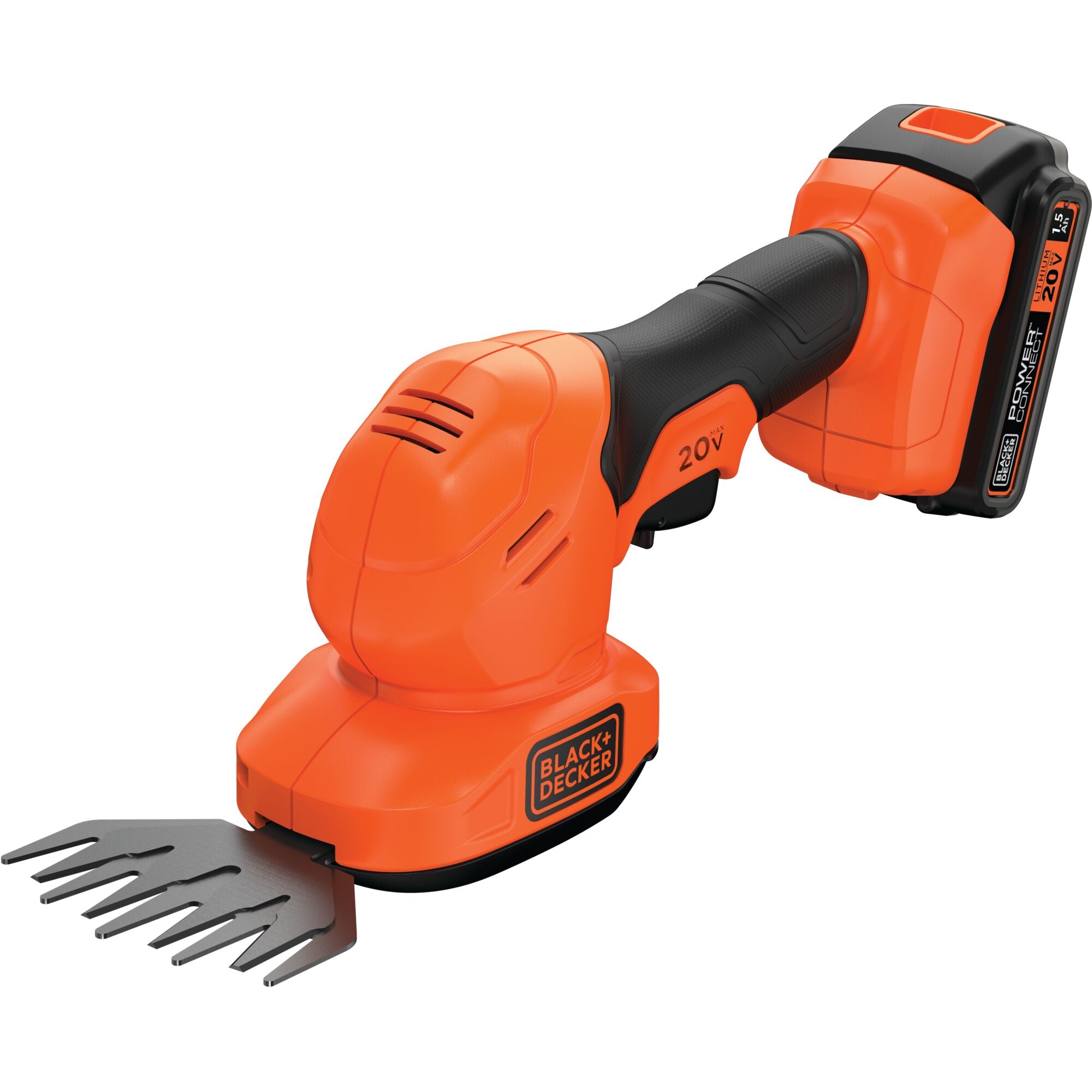 A person trims grass with the BLACK+DECKER POWERCONNECT™ 20V MAX* 3/8-in. Cordless Shear Shrubber Kit. Portable design, cordless for easy maneuvering.