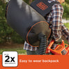 A closeup of the BLACK+DECKER 3-In-1 Electric Leaf Blower, Leaf Vacuum, Mulcher. Easy to wear backpack.