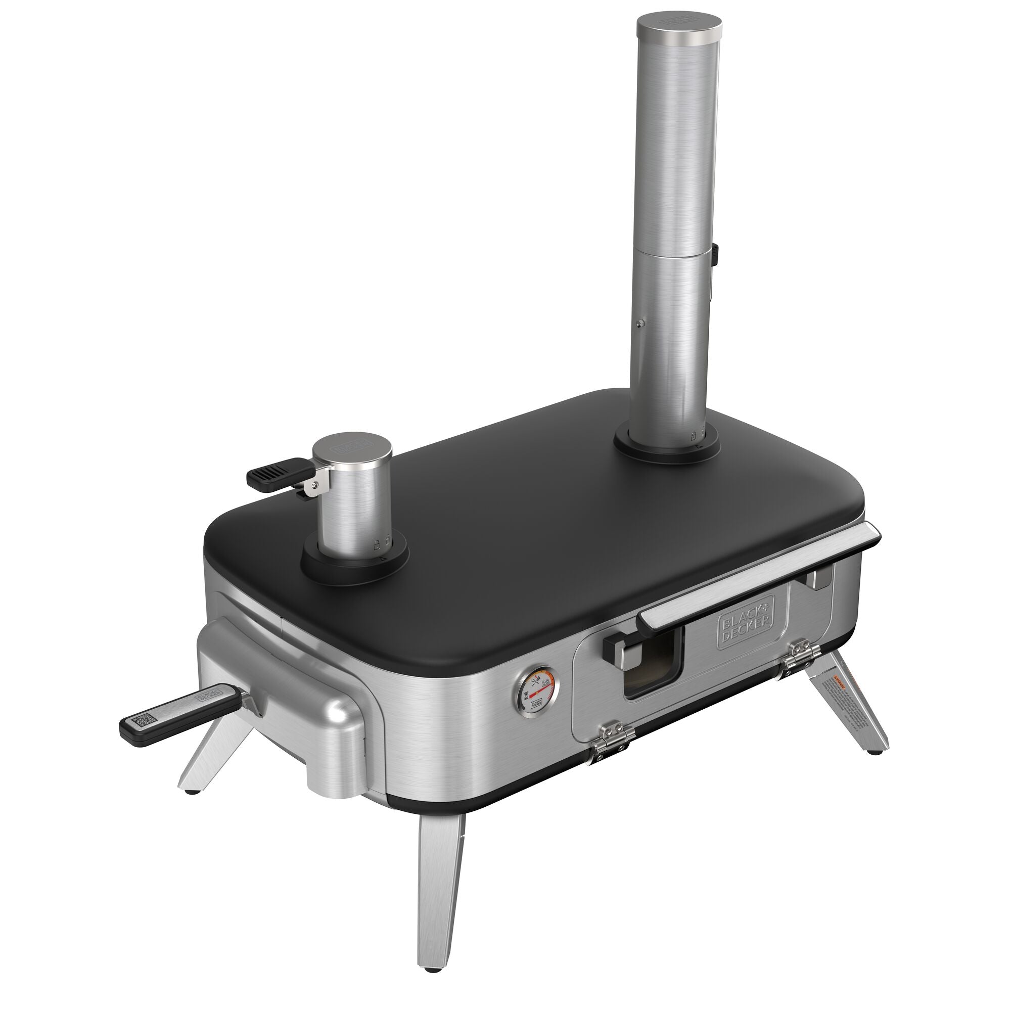 Angled arial view of Vera ™ Pizza Oven sitting on the BLACK+DECKER pizza stand