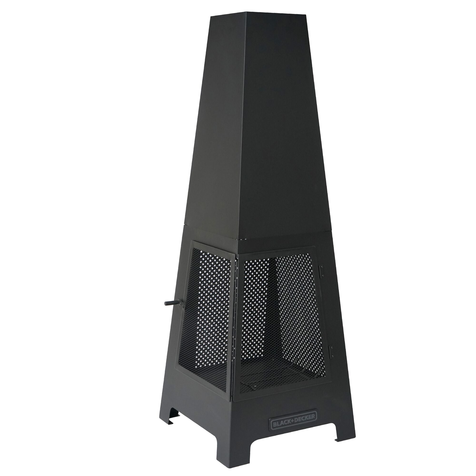 Front left-side view of black, triangular chimnea