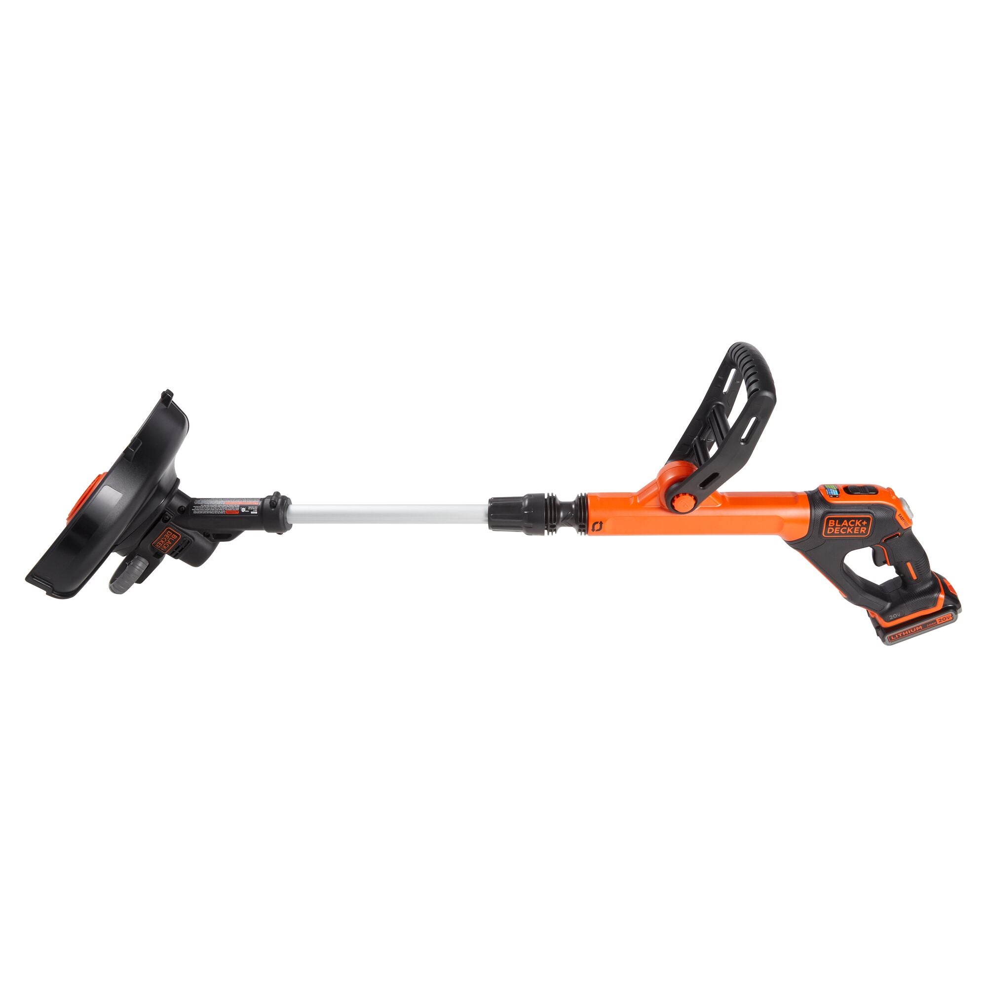 A close view of the BLACK+DECKER 20V MAX* String Trimmer lower part in black and orange color.