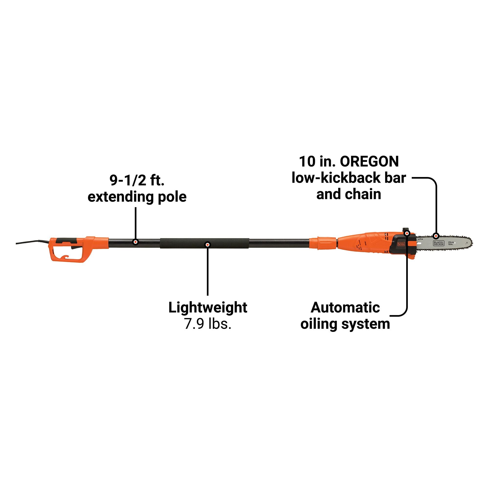 A closeup of the BLACK+DECKER 9.5-ft. 6.5-Amp Pole Saw. Low-kickback bar and chain lets you easily make quick, smooth cuts.