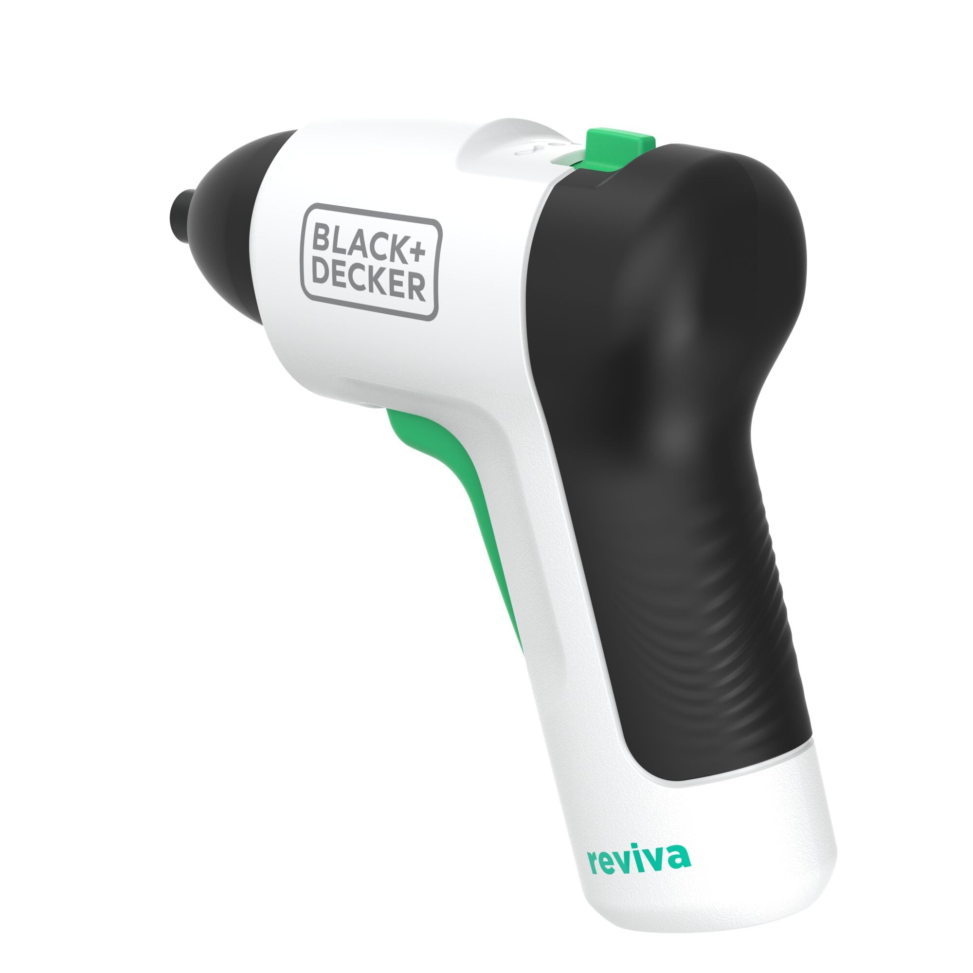 A close front view of the trigger of a BLACK+DECKER reviva™ 4V MAX* Cordless Screwdriver.