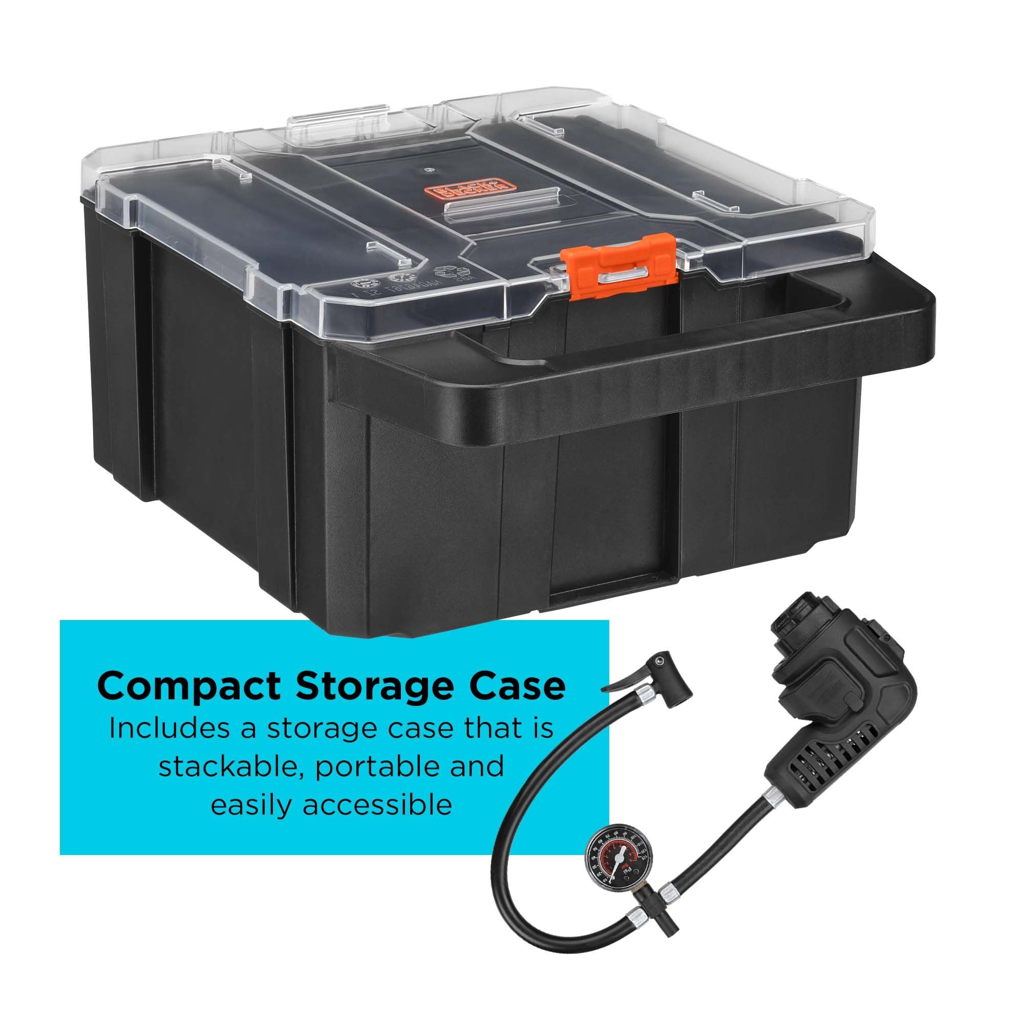 BLACK+DECKER matrix high pressure inflator attachment includes a storage cas this is stackable, portable and easily accessible