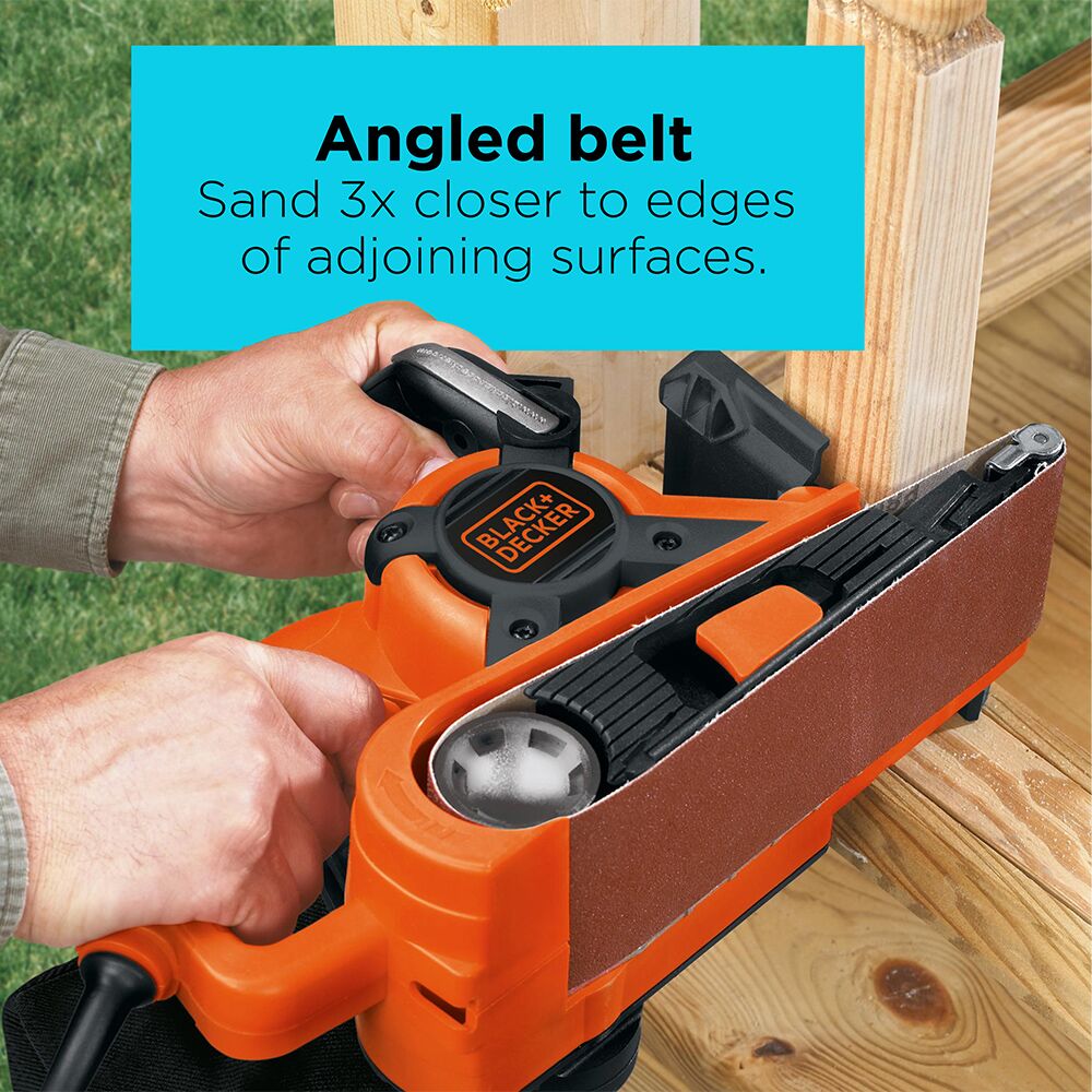 A closeup of the BLACK+DECKER 3-in x 21-in., 7-Amp. Belt Sander With Dust Bag. Angled belt. Sand 3x closer to edges of adjoining surfaces.