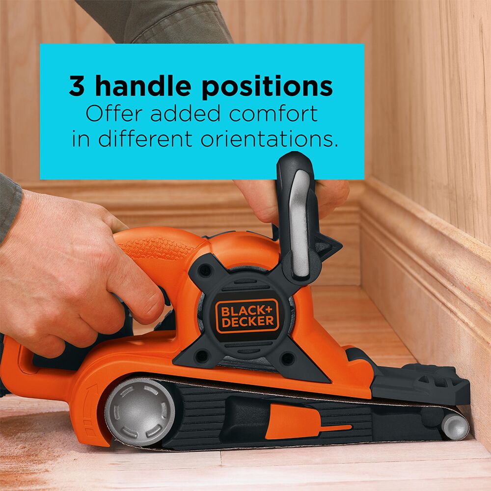 A closeup of the BLACK+DECKER 3-in x 21-in., 7-Amp. Belt Sander With Dust Bag. 3 handle positions offer added comfort in different orientations.
