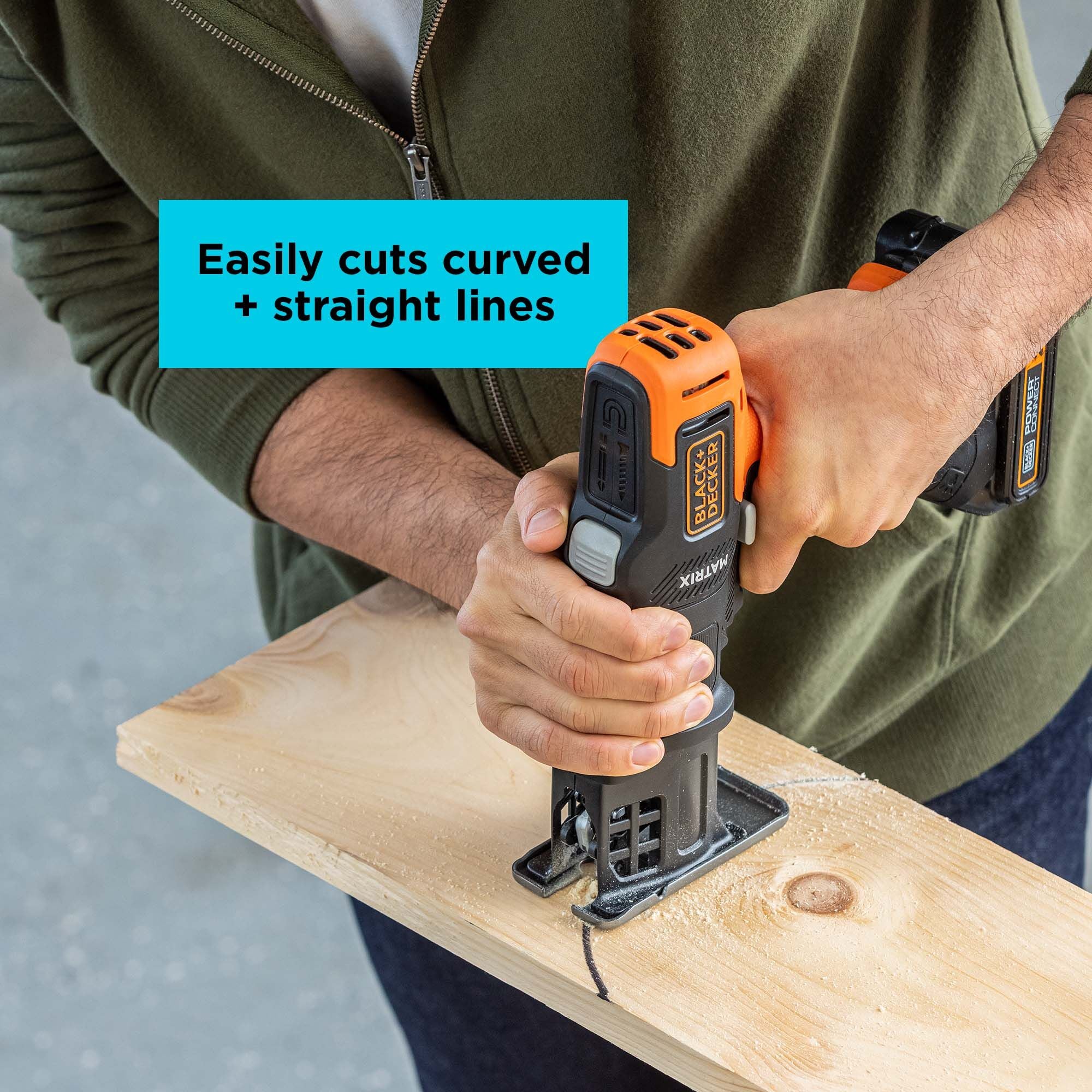 BLACK+DECKER matrix quick connect system allows users to switch between attachments quickly and easily, talent switching to jig saw attachment